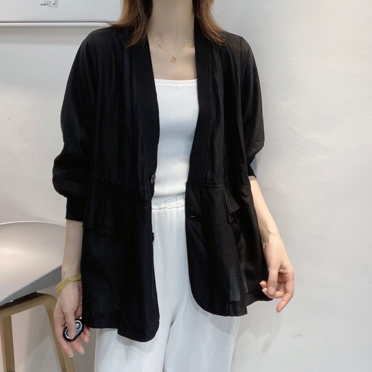 Plus Size Waist Tie V-neck Bla - Men'S Fashion Light Jacket 评论和价格