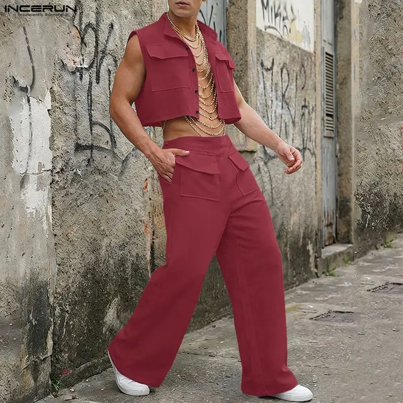 INCERUN Men Sets Solid Sleevel - Men'S Fashion Loose Pants 评论和价格