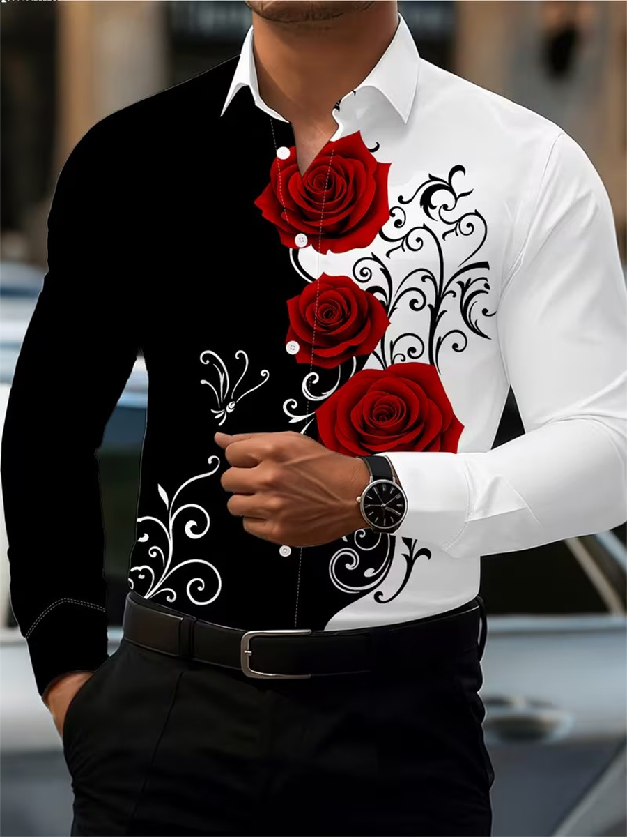 Men's Red Rose Print Long-Slee - Men'S Fashion Course 评论和价格
