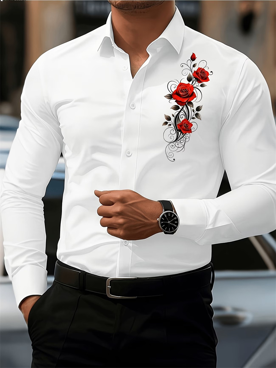 Men's Red Rose Print Long-Slee - Men'S Fashion Course 评论和价格