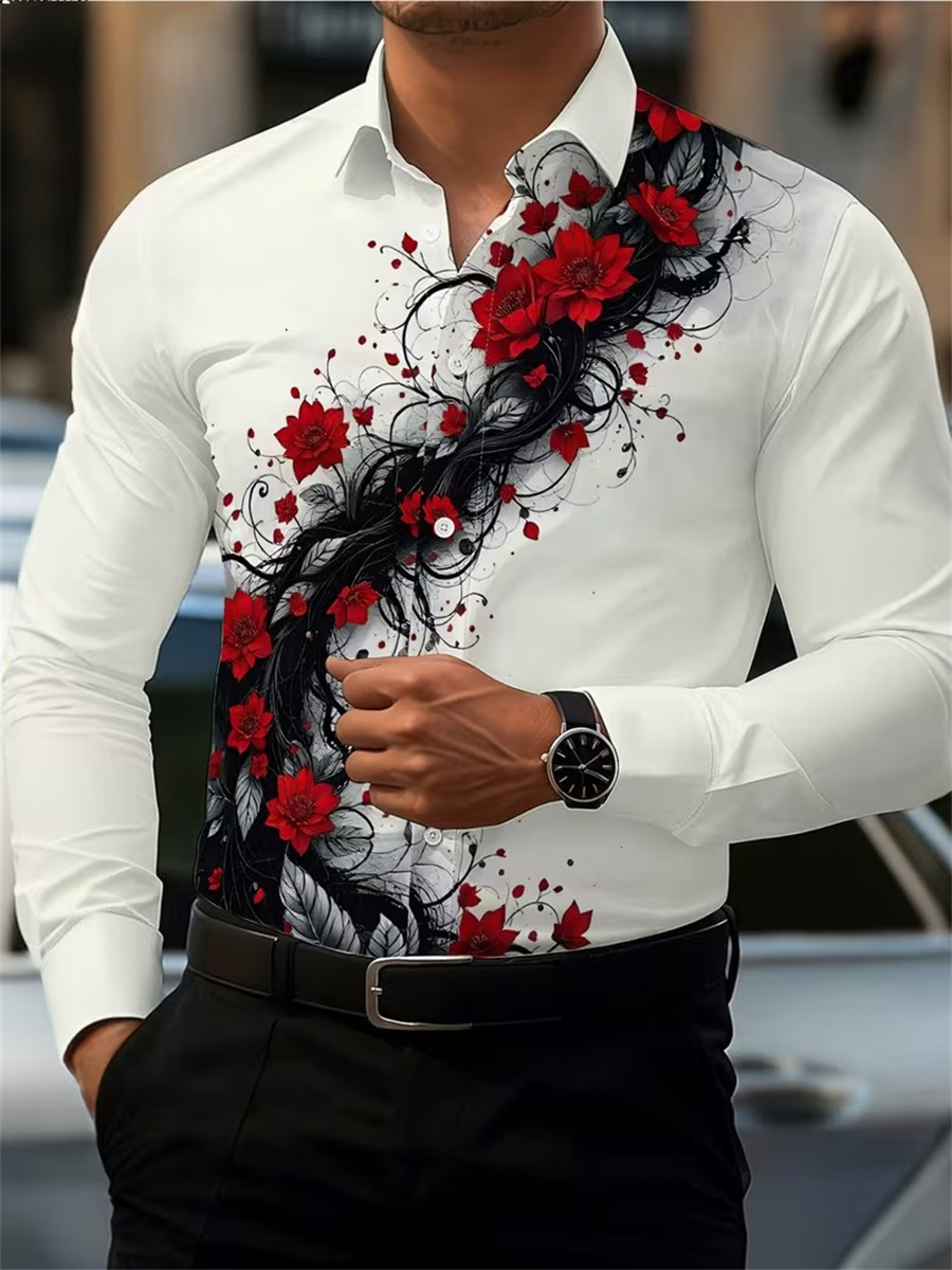 Men's Red Rose Print Long-Slee - Men'S Fashion Course 评论和价格